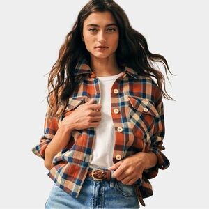 Faherty Fall Orange Blue Plaid Flannel Button Up Cropped Shirt Jacket Shacket XS